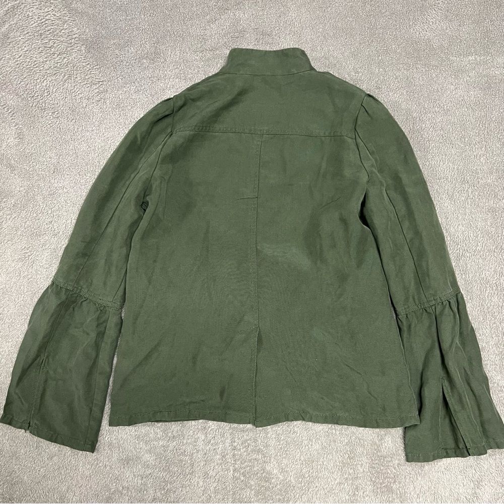 Hinge Seattle Military Jacket Womens Small Army Green Ruffle Zip Trumpet Sleeve - Picture 7 of 8